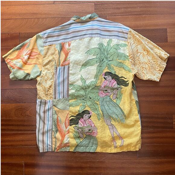Tommy Bahama Hawaiian Shirt Silk Linen Men's Large Mixed Print Floral Hula Girls - Picture 1 of 8